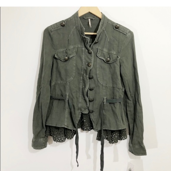 New with Tags! Free People Emilia military ruffle jacket, olive green, Small - Picture 7 of 8